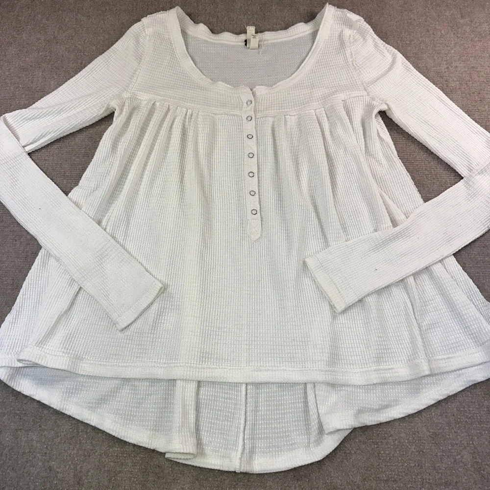 We The Free Free People Ivory Waffle Knit Henley Babydoll High Low Top XS